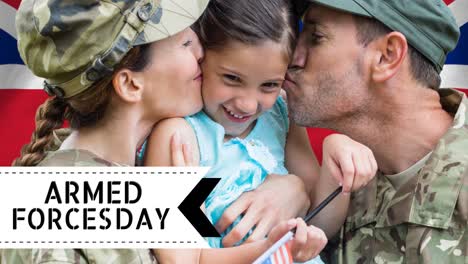 animation of armed forces day text over caucasian male and female soldiers, daughter and flag of uk