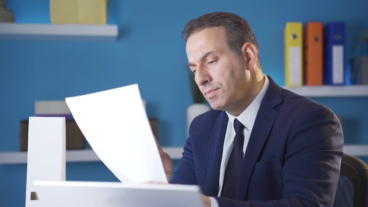 Serious and focused businessman analyzing graphs and data in office.
