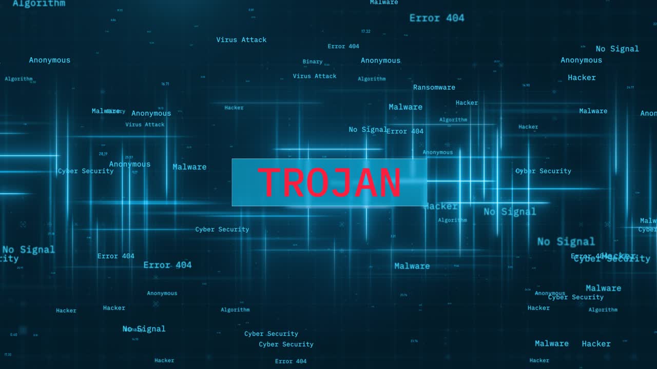 Trojan Virus Alert: Glowing Lines and Animated Hacking Words for Cybersecurity Concept