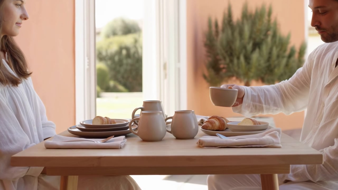 Couple Breakfast At Wooden Table With White Robes Sipping Coffee From Ceramic Cups And Sharing Fresh