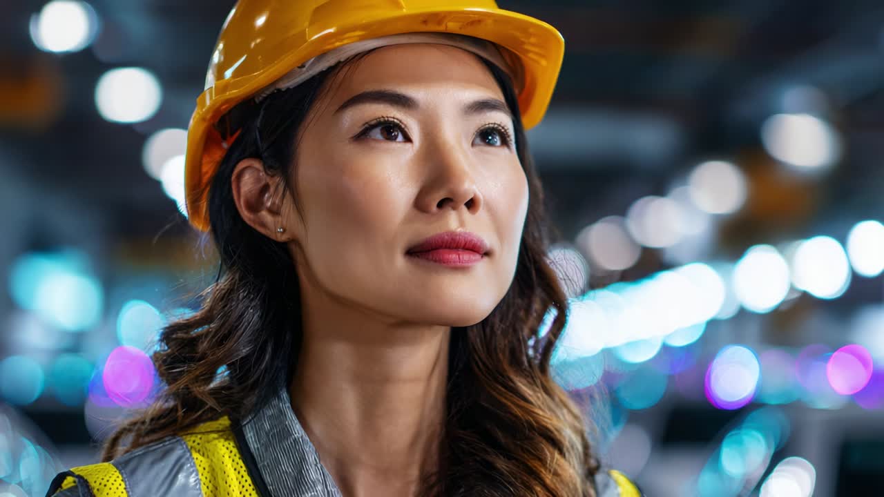 A focused female construction worker wearing a hard hat, looking thoughtfully into the distance with determination and professionalism, set against a backdrop of soft lights that create a vibrant atmosphere