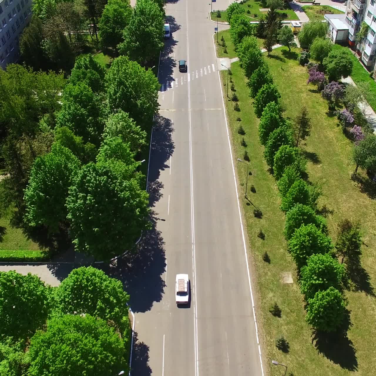 Following the white car going along the road surrounded by greenery. Residential area of a town from aerial perspective on sunny day. Top view
