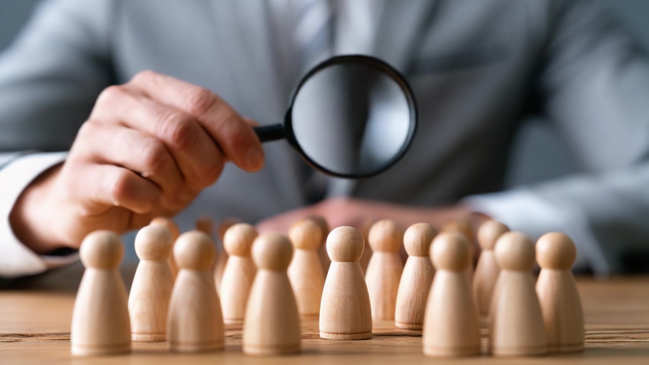 A business professional analyzes a group of wooden figures with a magnifying glass, emphasizing detailed observation and strategic decision-making in leadership contexts.