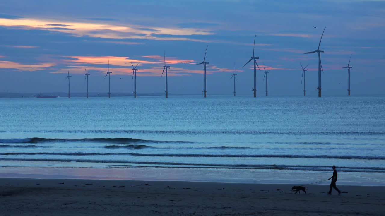 풍차는 해가 질 때 해안선을 따라 전기를 생성하며 사람이 개 전경을 산책할 때