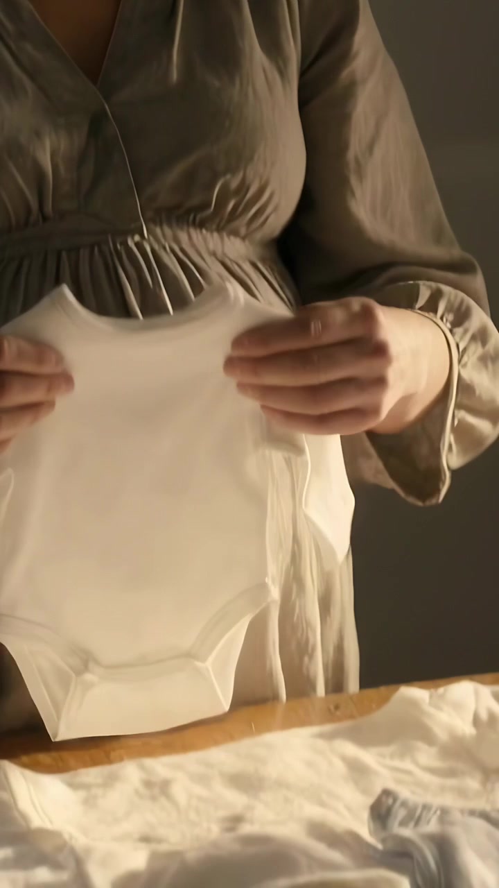 Vídeo vertical: Mulher segurando um macacão de bebê, dobrando roupas em pilha sobre a mesa em casa para um bebê de vestido.