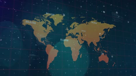 animación de partículas blancas y puntos de luz sobre el mapa del mundo y procesamiento de datos sobre fondo negro