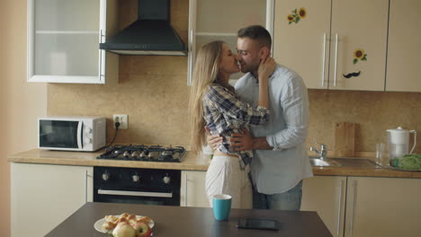 una pareja besándose en la cocina.