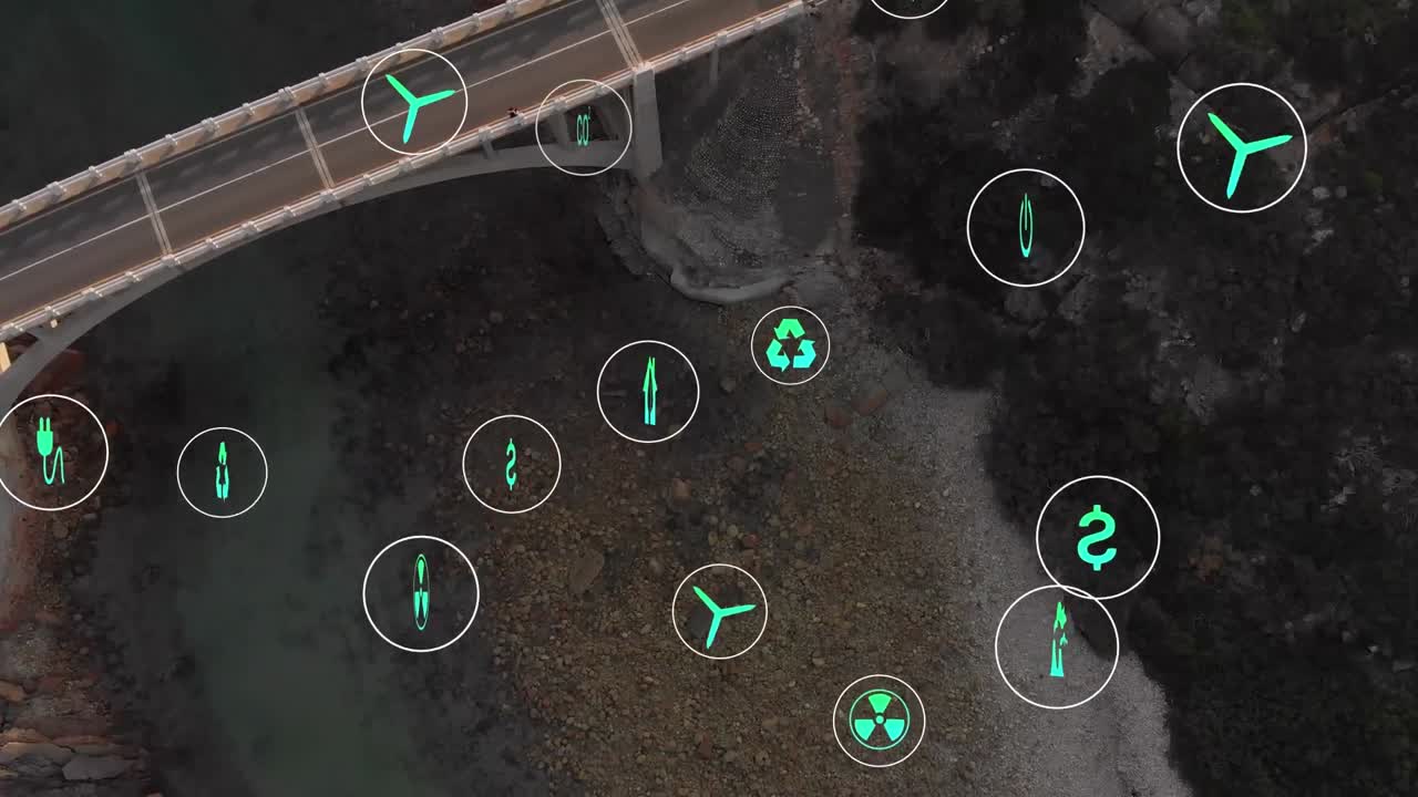 анимация икон устойчивости и экологии над ландшафтом