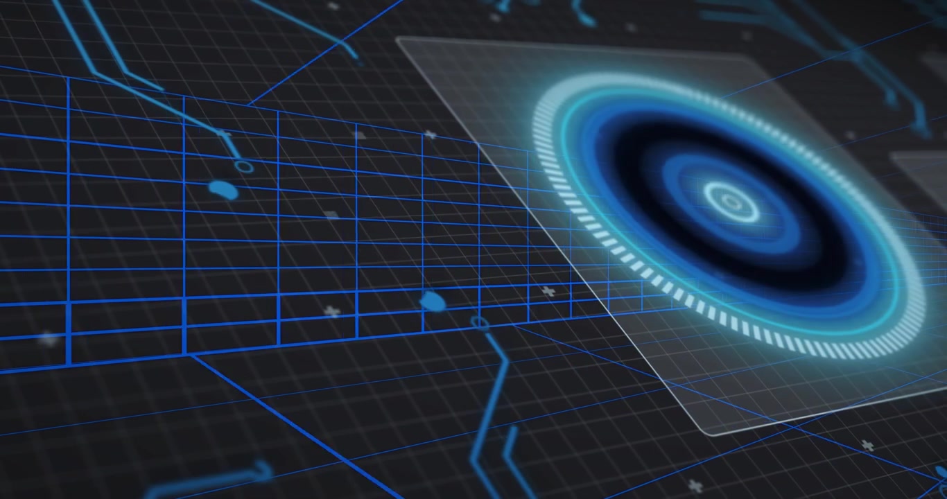 Opening grid showing translucent panel animating pulsing rings and neon lines while camera sliding