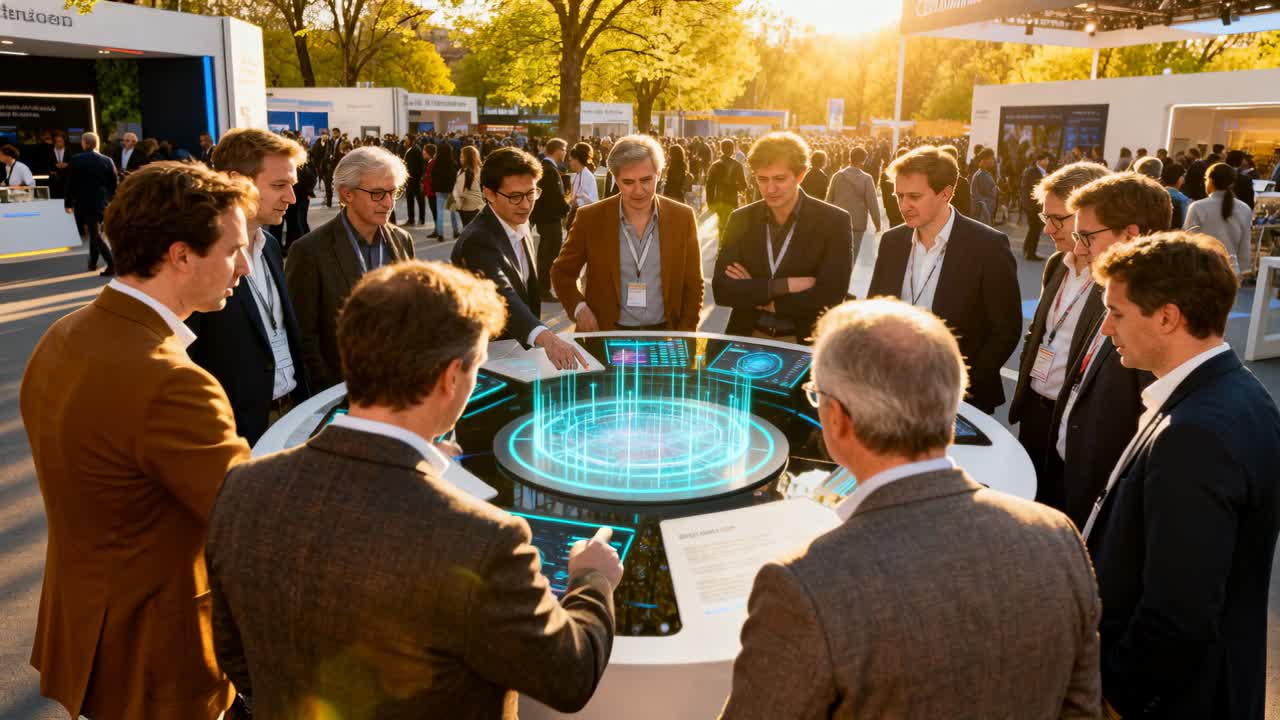 Blue hologram activating group in suits gathering and touching demo table at outdoor expo for demo