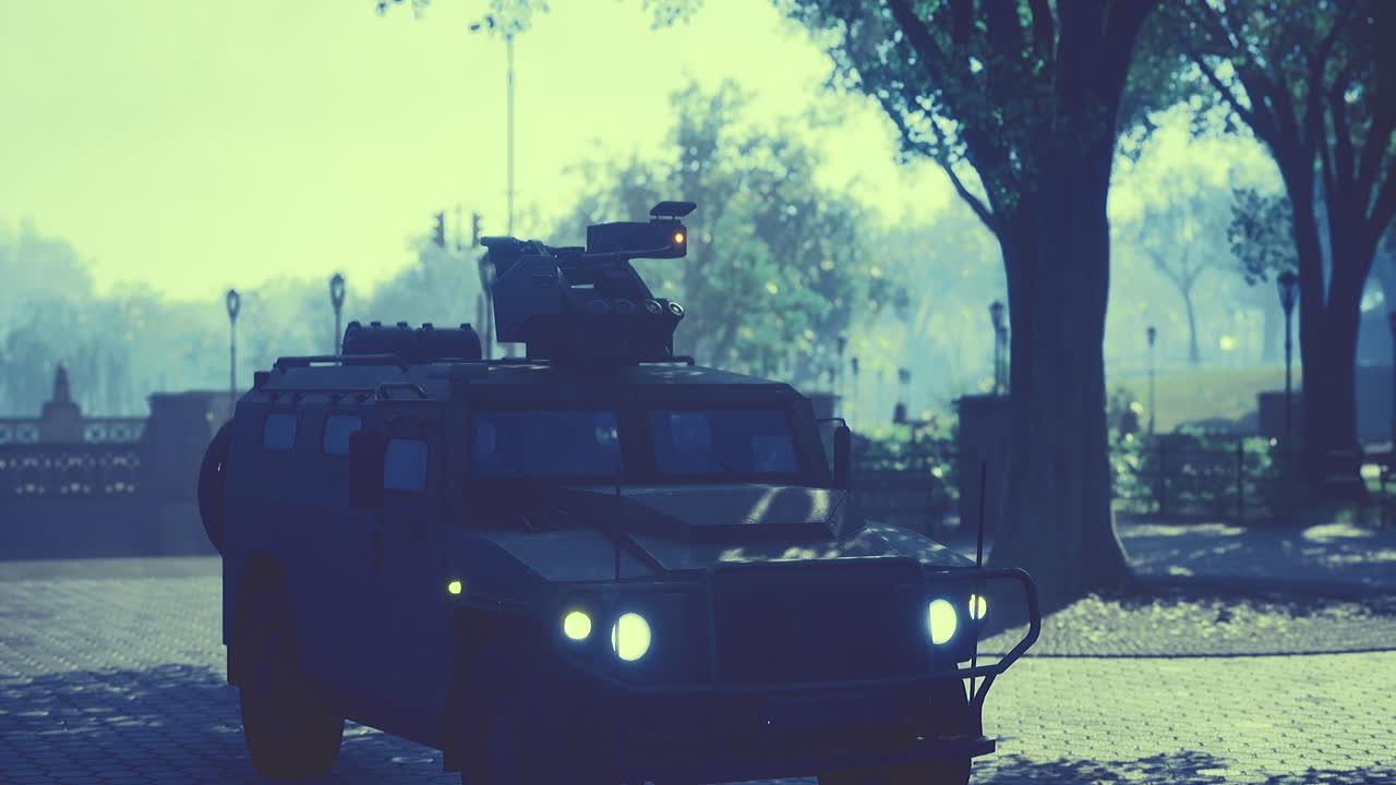 Armored vehicle patrols city park under early morning light