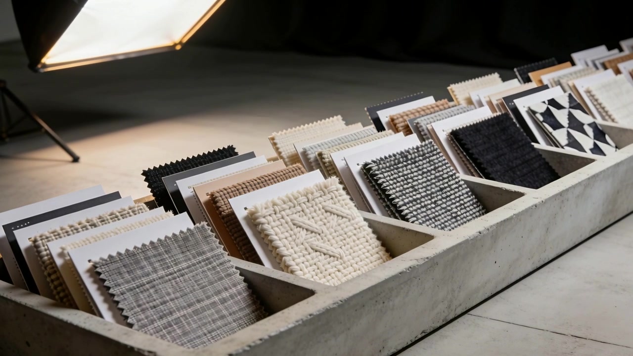 Moving camera revealing concrete tray with sample cards on studio, showing textures under softbox