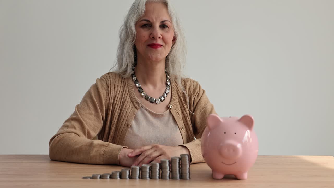 Senior woman saving money in a piggy bank with growing stacks of coins