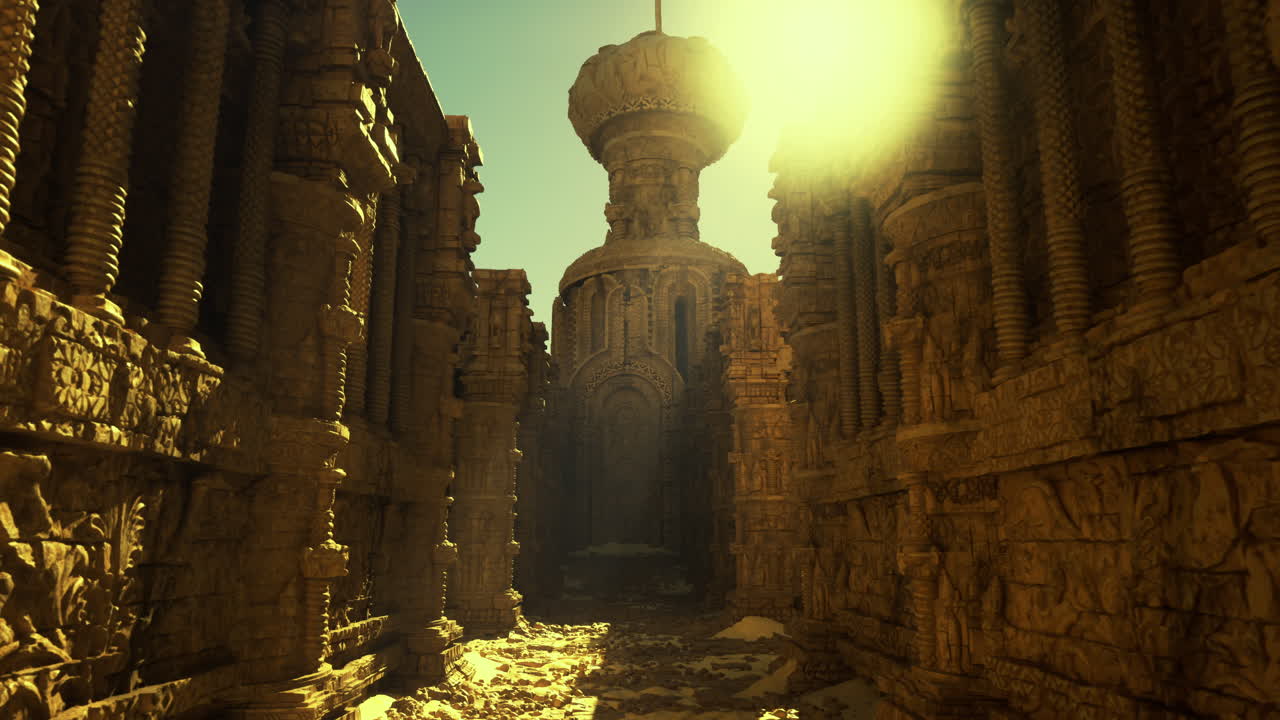 Stunning ancient temple ruins illuminated by sunlight in a golden landscape