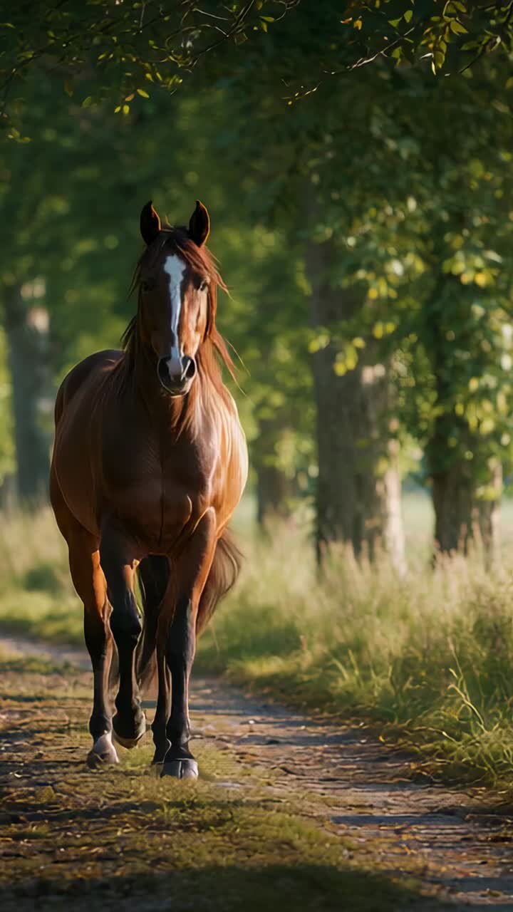 Vertical video: Trotting blazed bay horse nearing camera along dirt lane through trees, sunlit coat