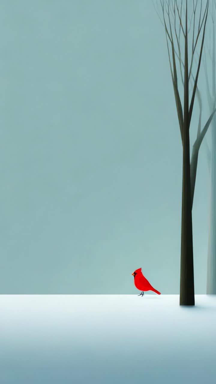 A vibrant red bird stands gracefully against a serene winter backdrop, showcasing the beauty of nature with its striking color contrasting the soft pastel tones of the surroundings and the delicate trees