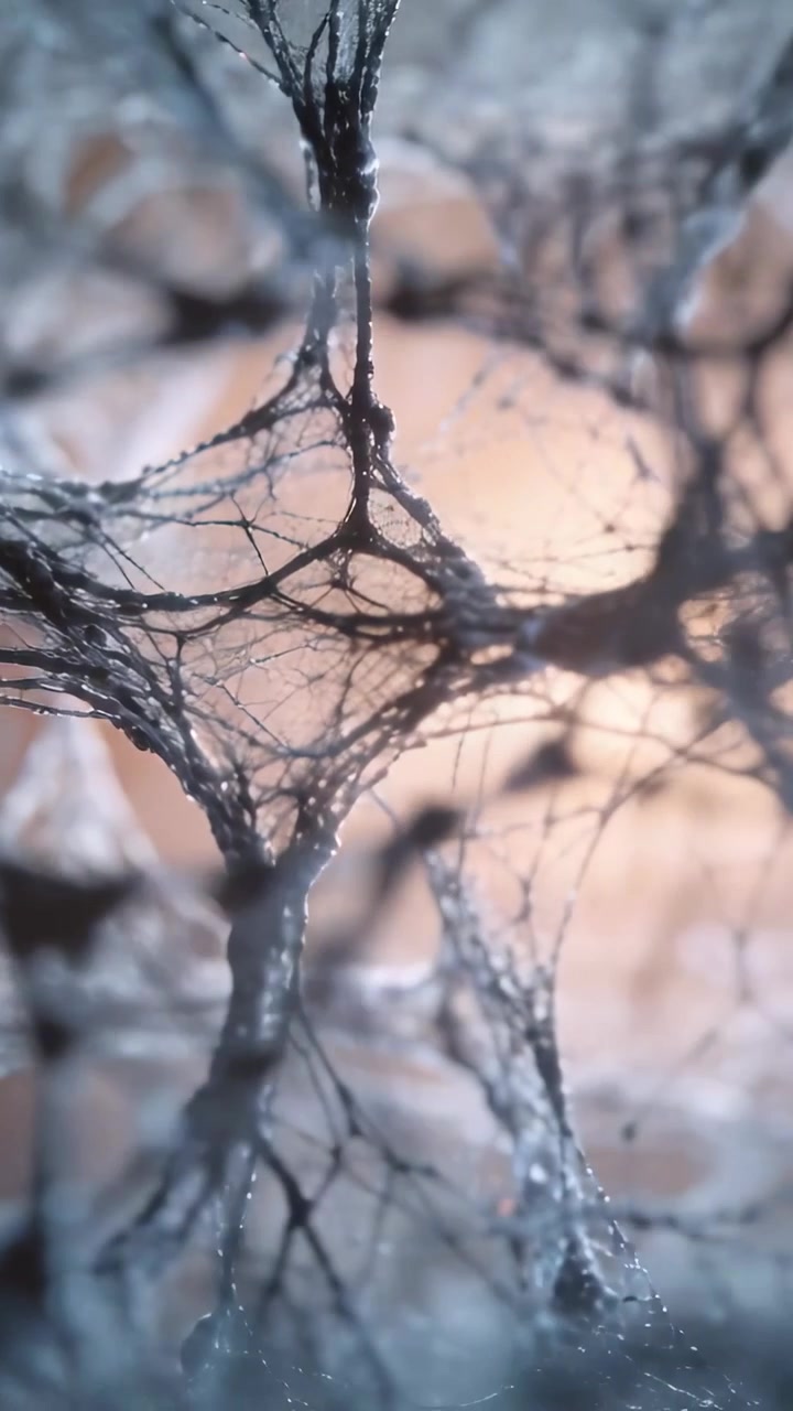 Video verticale: Telecamera che si muove su una rete fibrosa con un impianto macro, rivelando un filamento spesso e bokeh.