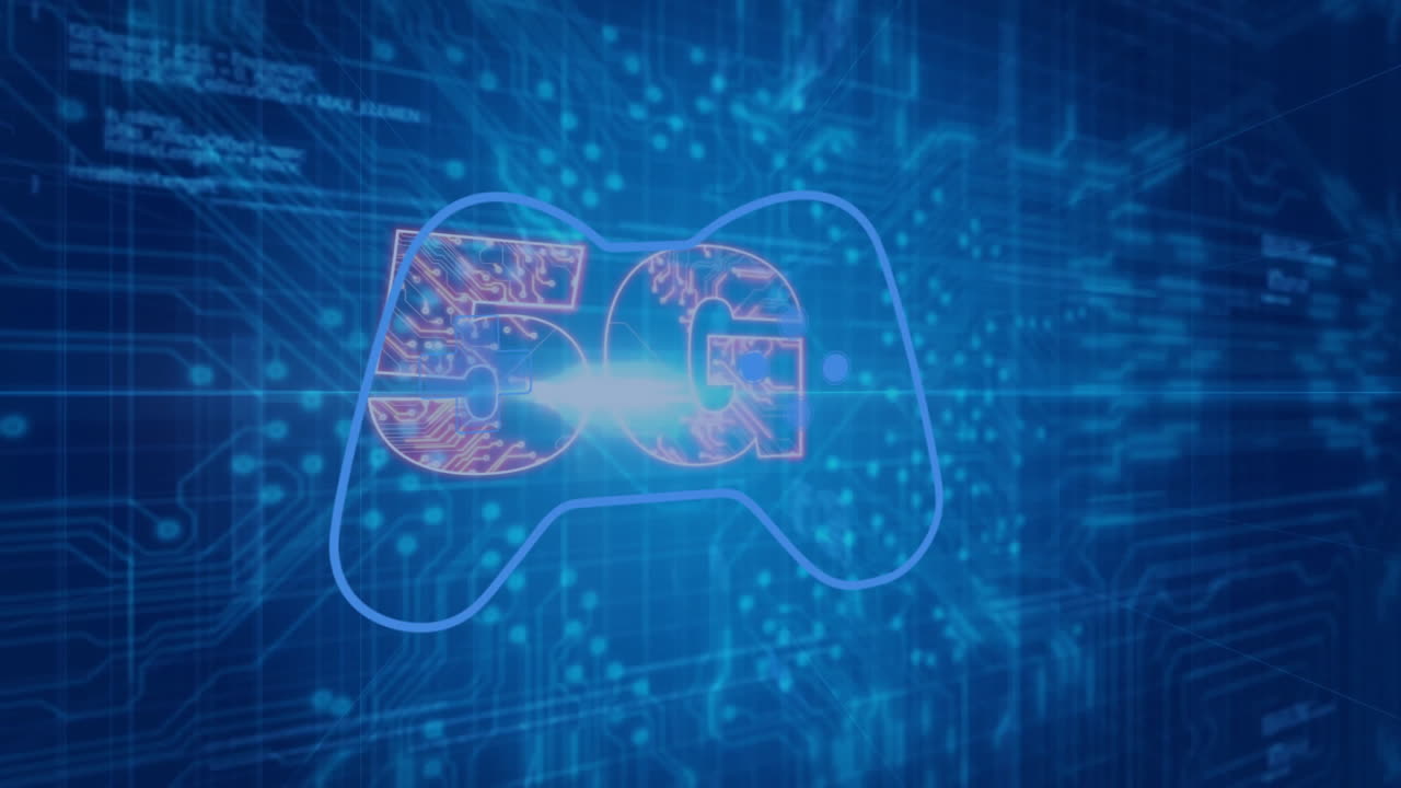 Animation of 5G text with game controller over digital blue technology background