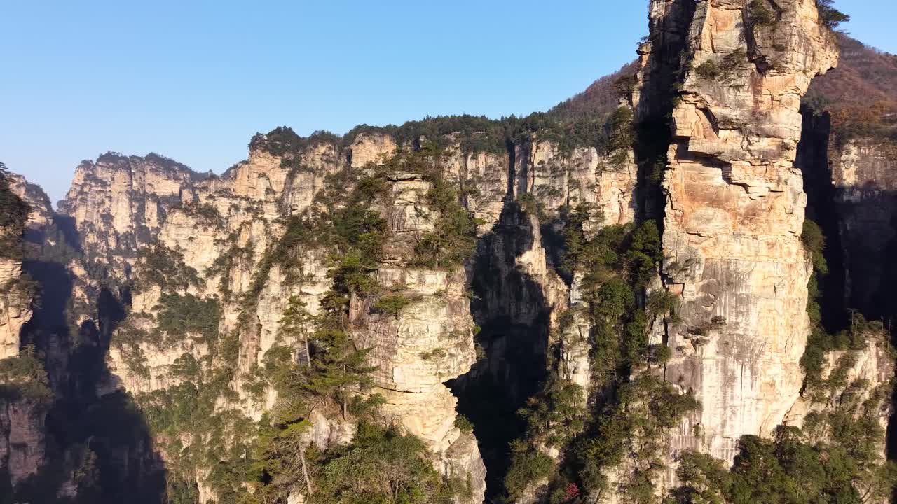 Drone side shot of lush green cliffs and famous floating pillars glowing in morning light, Zhangjiajie National Park