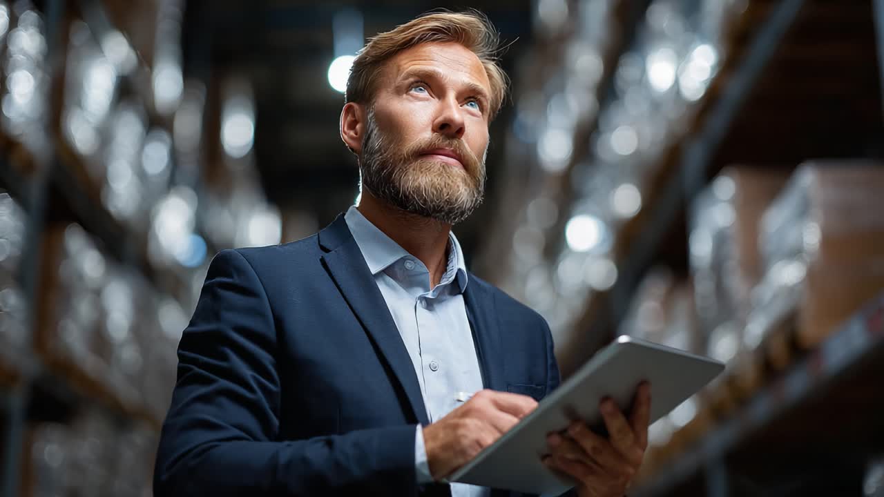 A Thoughtful Professional Evaluating Inventory in a Warehouse with a Focused Expression, Holding a Digital Tablet Amidst a Busy Stockroom Environment