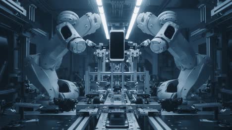 advanced robotic arms working in synchronization on an automated production line for smartphone assembly, showcasing precision and innovation in manufacturing technology