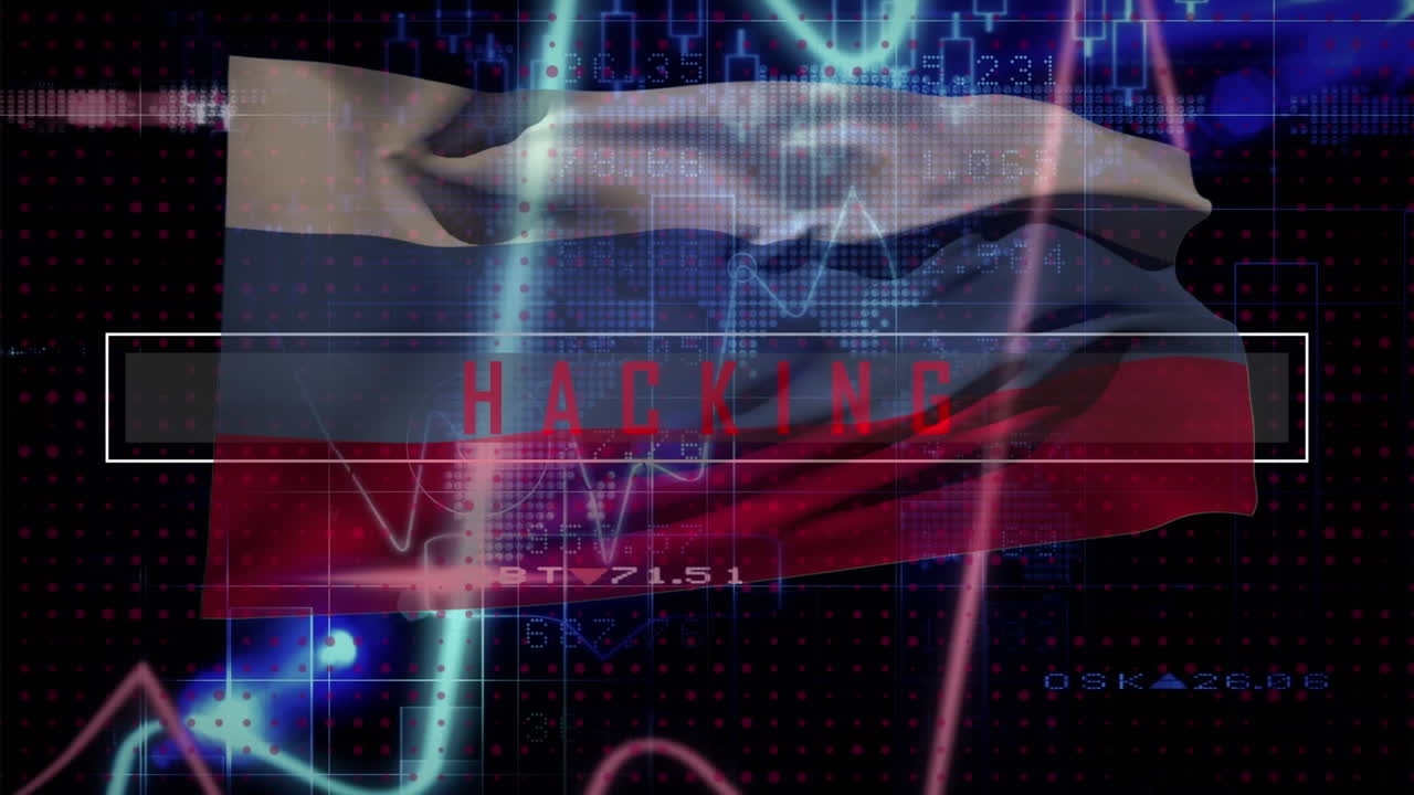 анимация взлома текста над обработкой данных и флагом россии