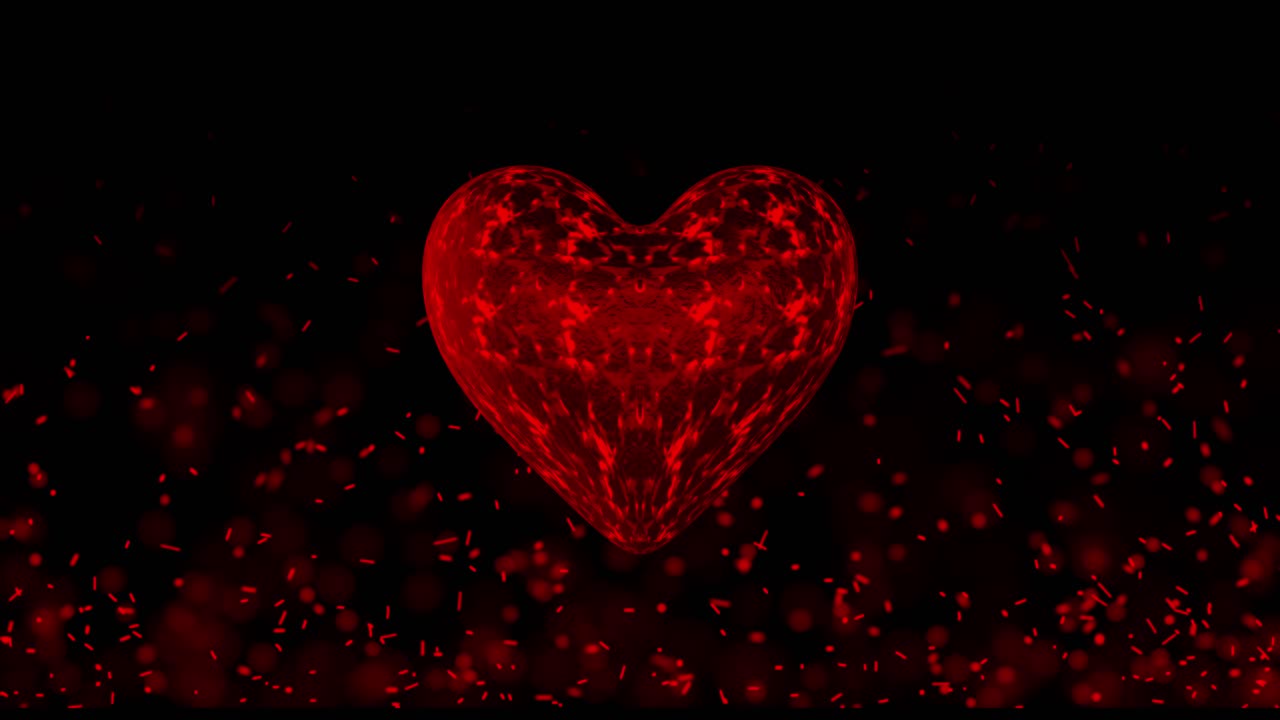 Coração 3D vermelho carmesim ardente e brilhante girando em loop com faíscas incandescentes voando em fundo preto