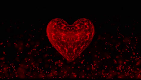 Red-crimson-3D-burning-glowing-heart-rotating-in-loop-with-incandescent-sparkles-flying-on-black-background