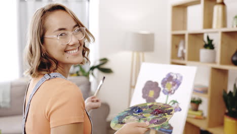 Asian,-woman-painter-and-home-with-face