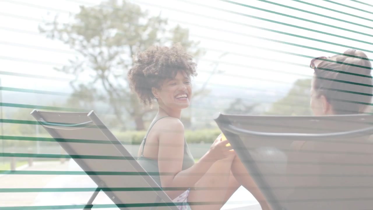 Curly woman sitting up poolside, leaning while chatting, striped overlay showing yellow cup leisure