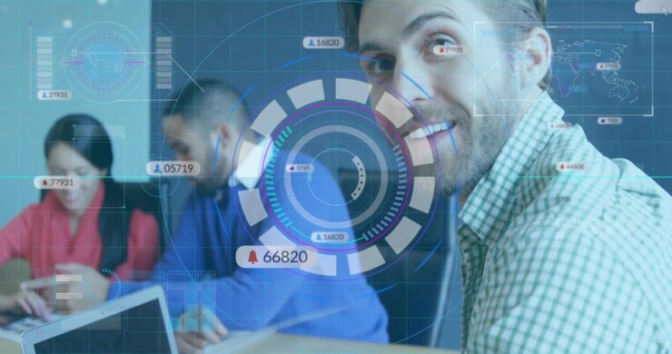 Business Team Working on Laptop with Digital Data Overlay