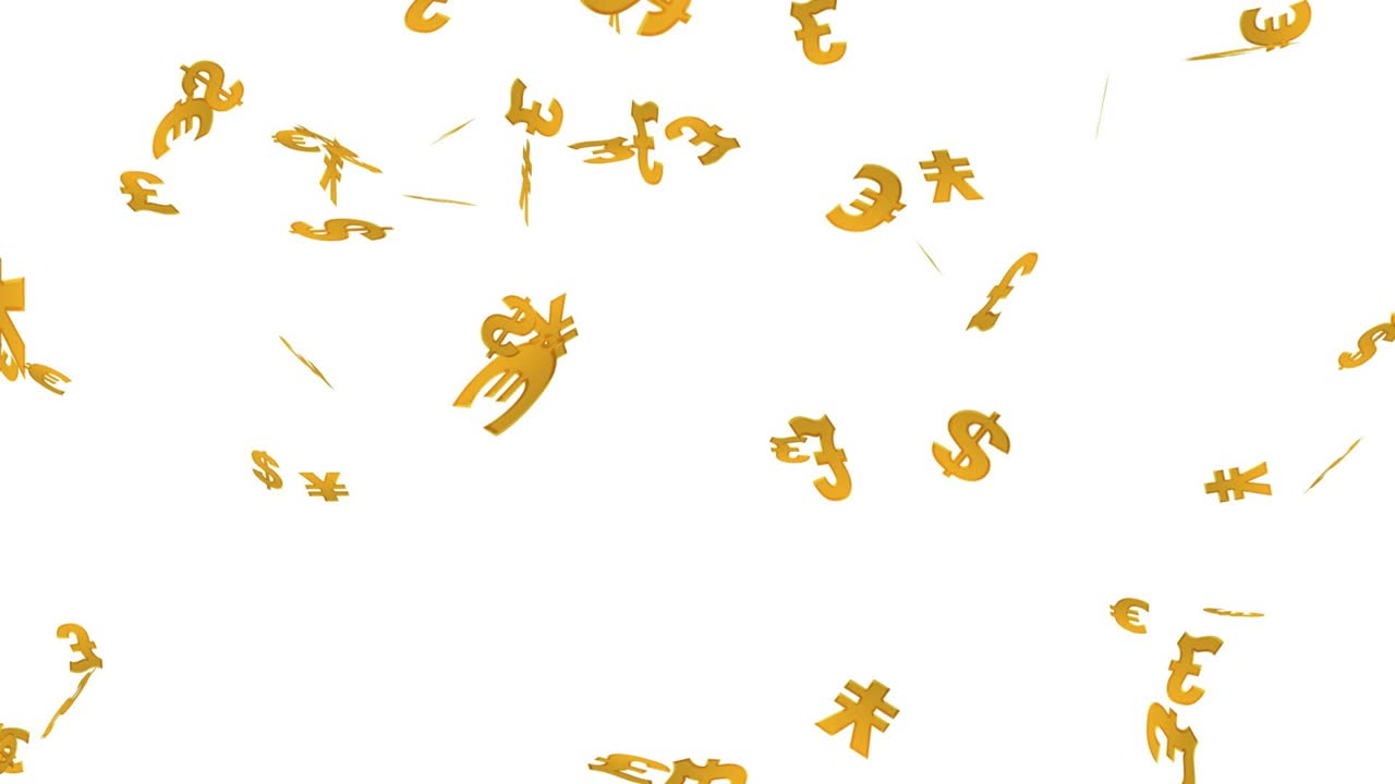 달러, 유로, 파운드, 엔의 표지판이  바탕에 떨어집니다.