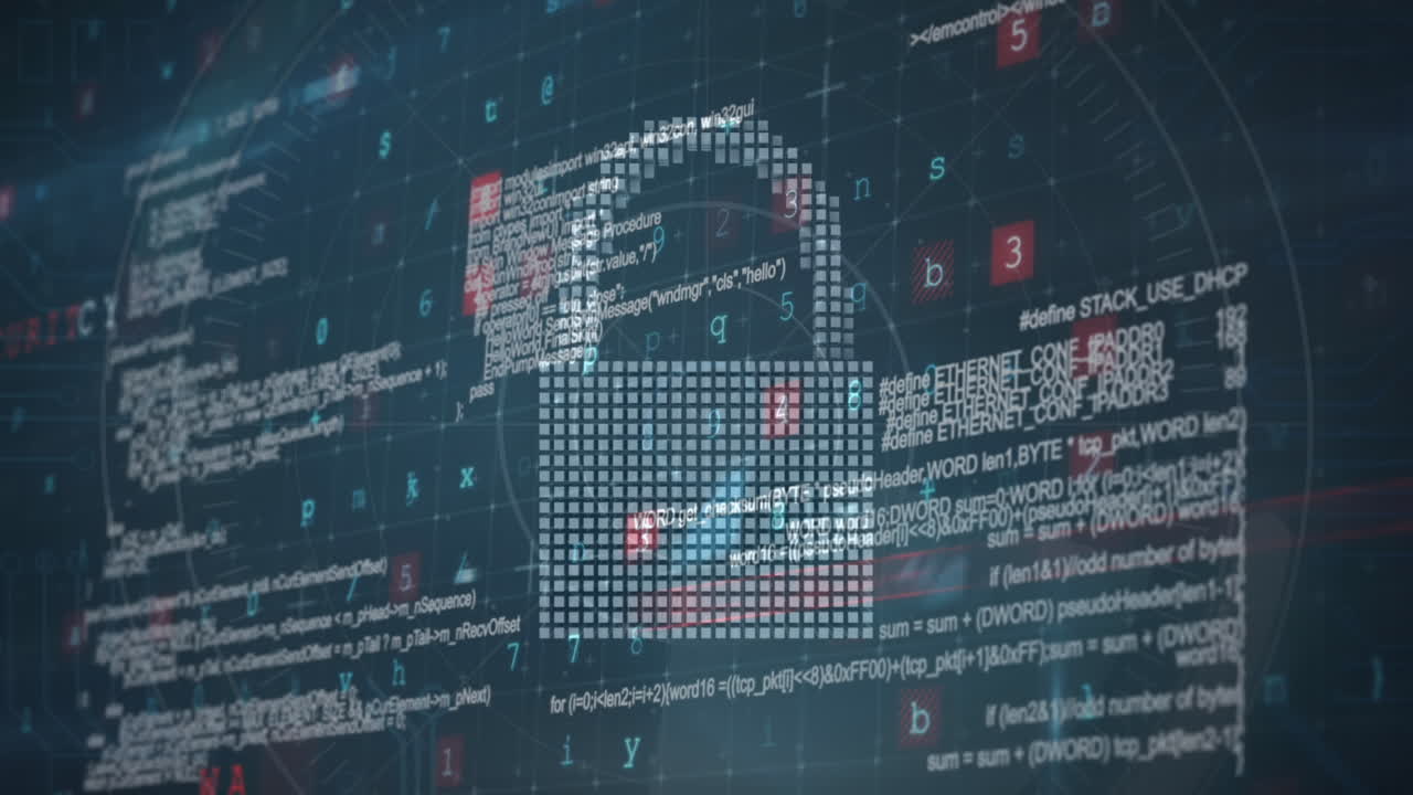 animación del candado de seguridad sobre el procesamiento de datos en fondo oscuro