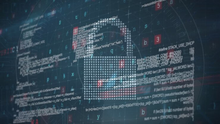 Animation of security padlock over data processing on dark background