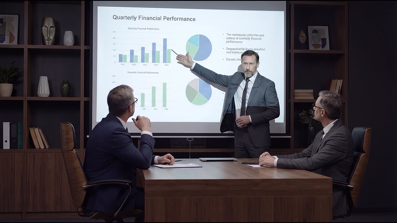 Riunione di presentazione aziendale con un leader che spiega ai colleghi in ufficio i grafici delle prestazioni finanziarie trimestrali.