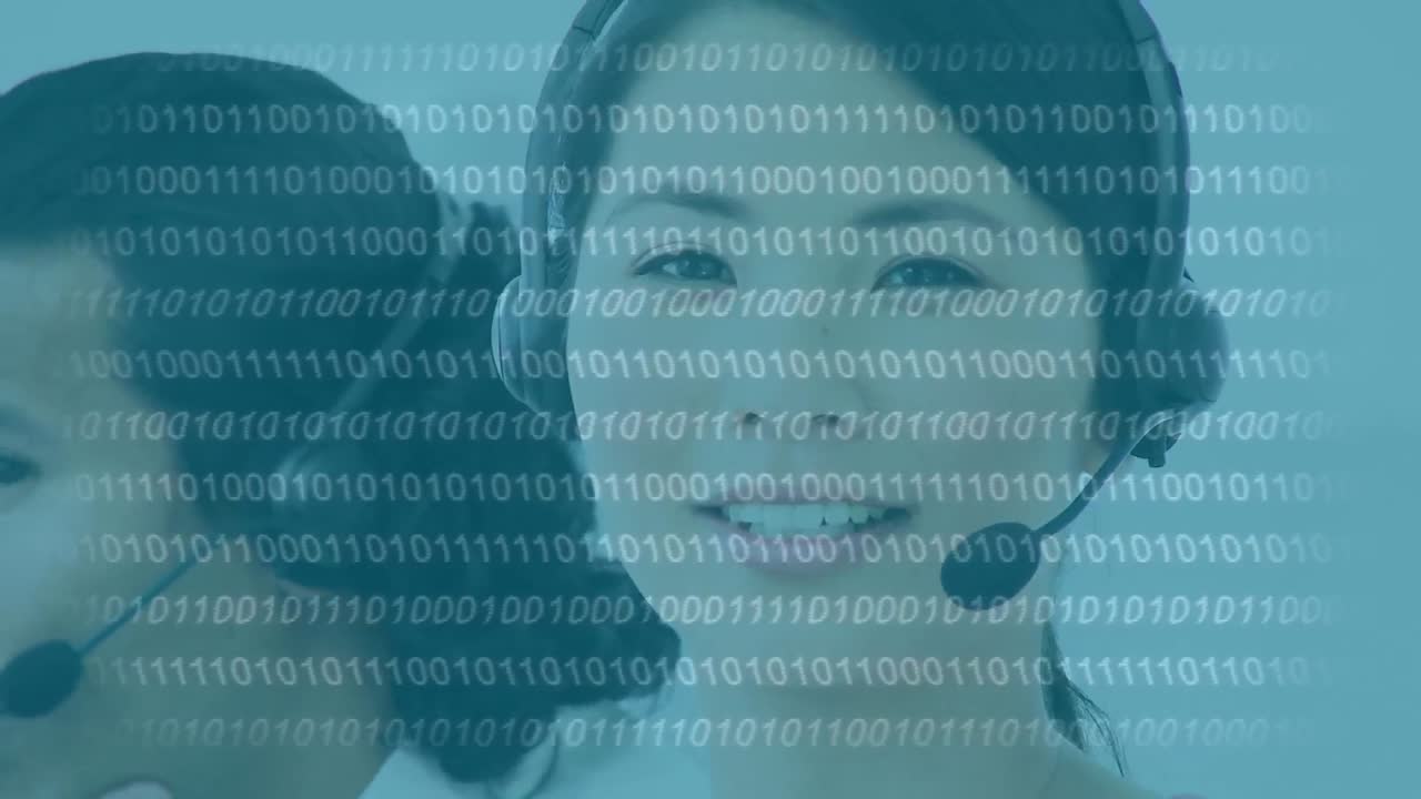 Binary coding data processing over asian female customer care executive talking on phone headset