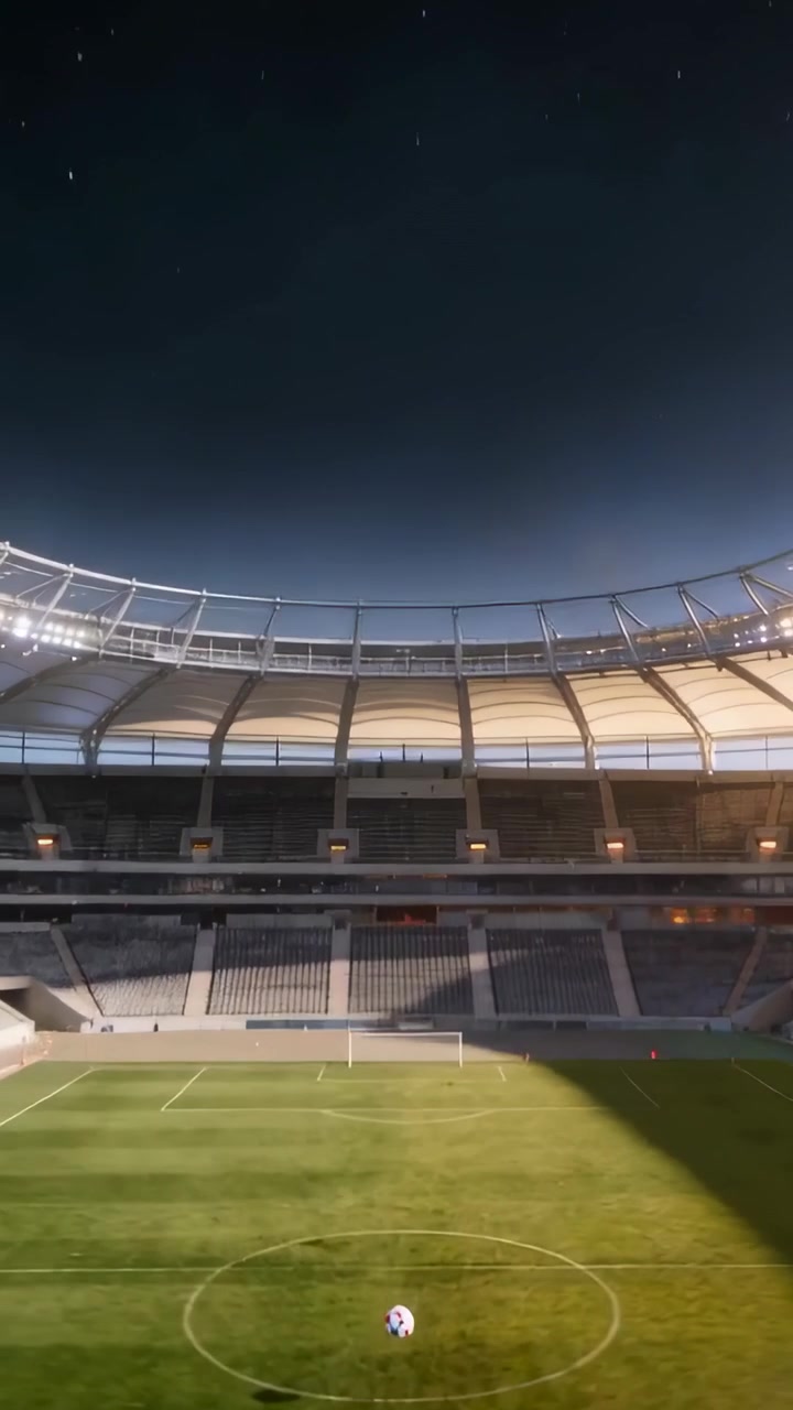 Video verticale: Pallone da calcio che cade verso il centro dello stadio, la telecamera si alza rivelando la città.