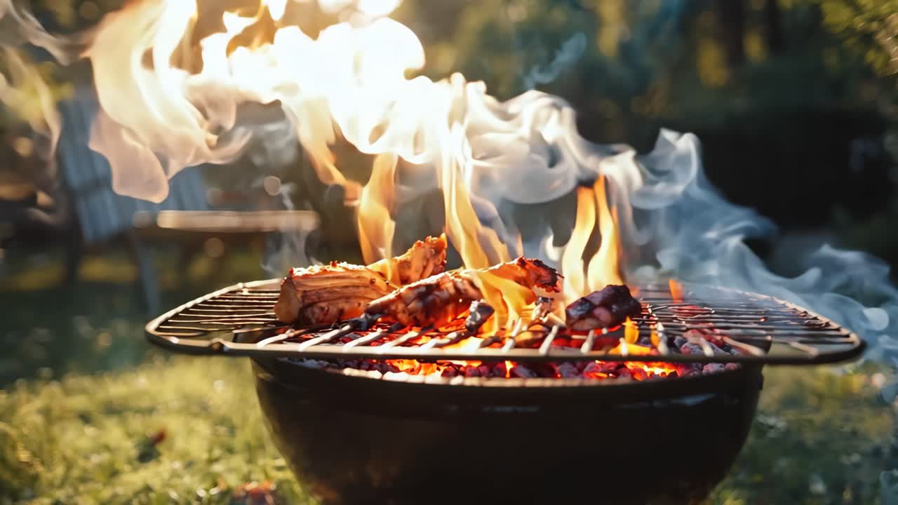 A fire is burning in a metal grill on a lawn. The fire is orange and yellow, and the grill is surrounded by grass. There is a bench nearby, and a chair is also visible. The scene is peaceful