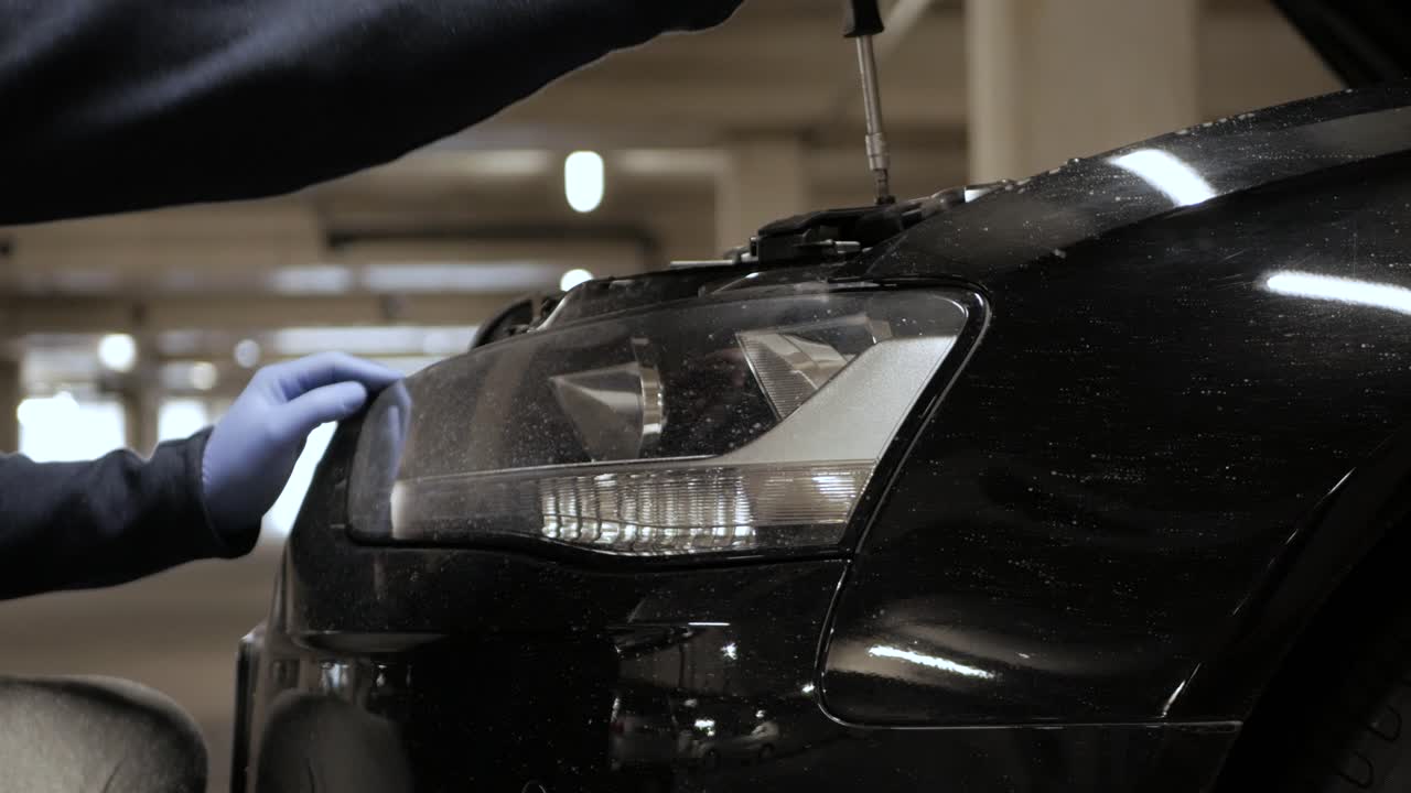 Disassembling a sedan car headlight with phillips screwdriver wearing latex gloves