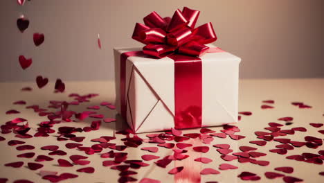 Gift Box with Red Bow and Heart Confetti