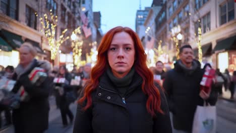 a woman with red hair stands in a busy street filled with holiday shoppers carrying gifts. the atmosphere is festive as city lights twinkle in the evening sky.