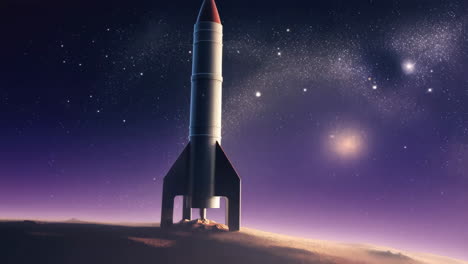a rocket standing on a distant planet under a starry night sky