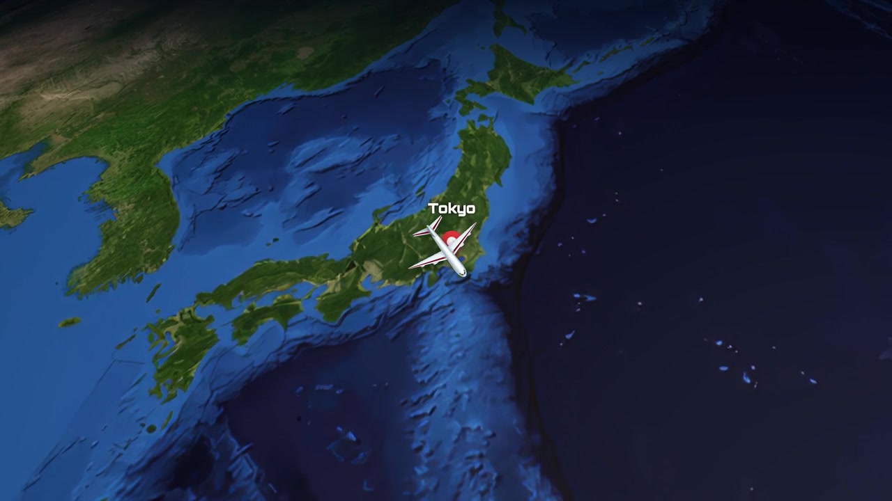 デジタルアニメーションが、ヨーロッパからアジアへと地球を横断して飛行する旅客機の経路を追跡します。