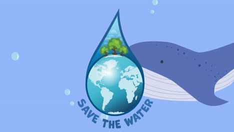 animation of save the water text and globe logo, with whale on blue background