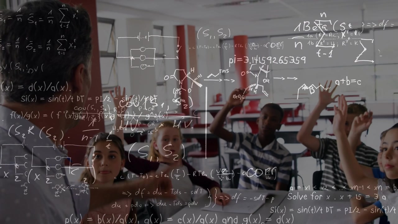 Teacher Leading Classroom Discussion with Students Raising Hands