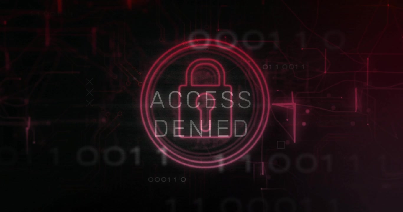 Fragments appearing merging into ACCESS DENIED text as neon-red padlock pulsing enforcing denial