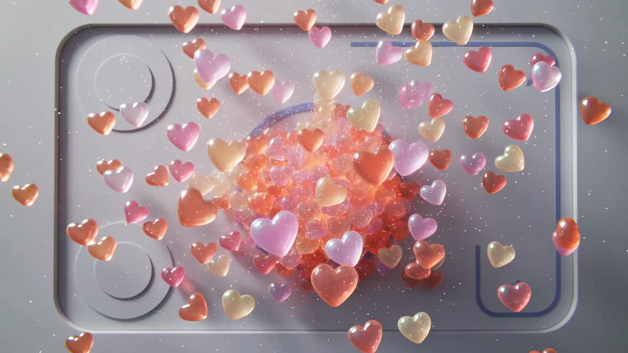 Un dito con smalto rosa preme, rilasciando glitter e perline a forma di cuore su un vassoio incassato, con un bersaglio centrale sulla scrivania.