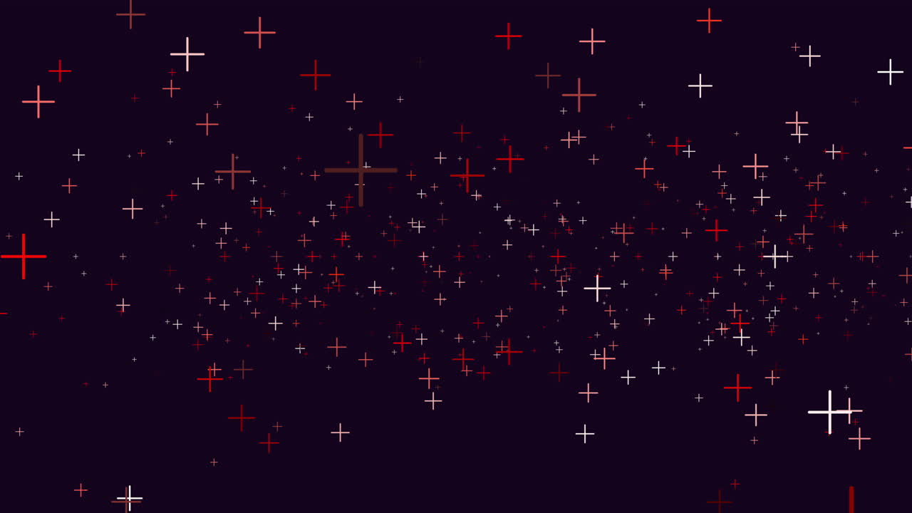 Abstract and visually striking image featuring red and white crosses scattered over a dark background, creating a dramatic and captivating composition