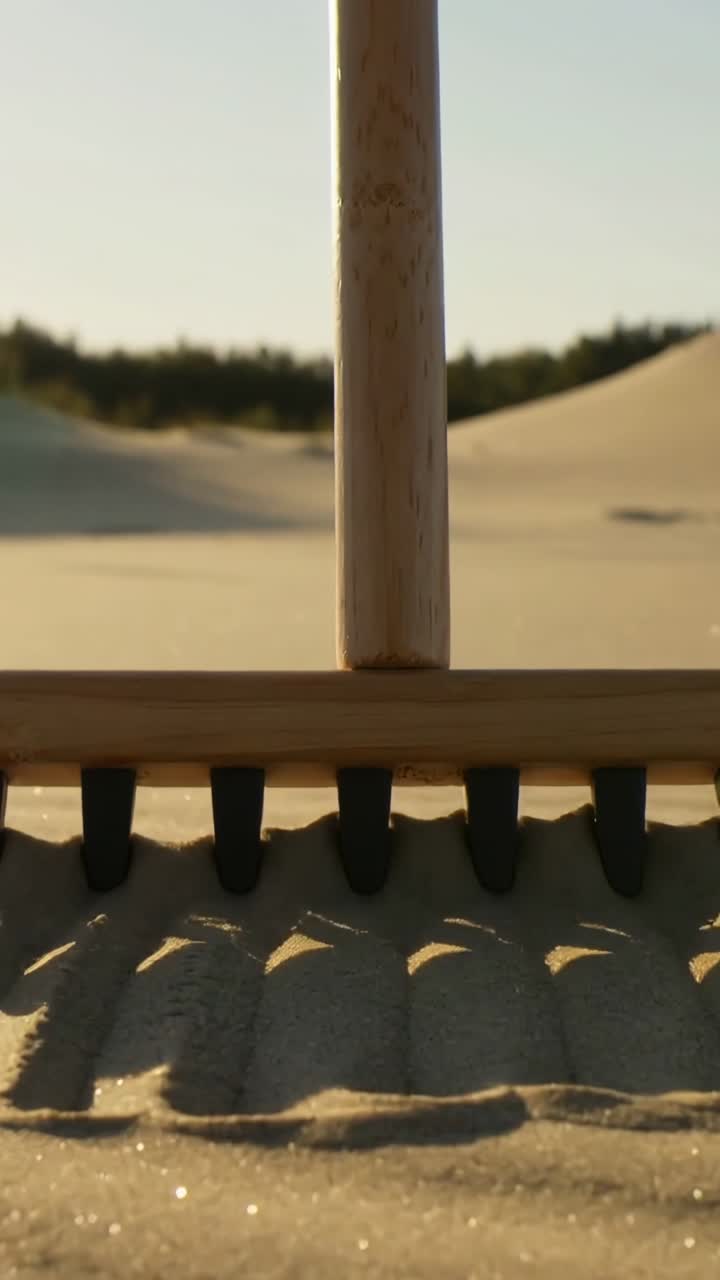 Vertical video: Raking wooden rake with black tines, hand gripping handle forming grooves on dune