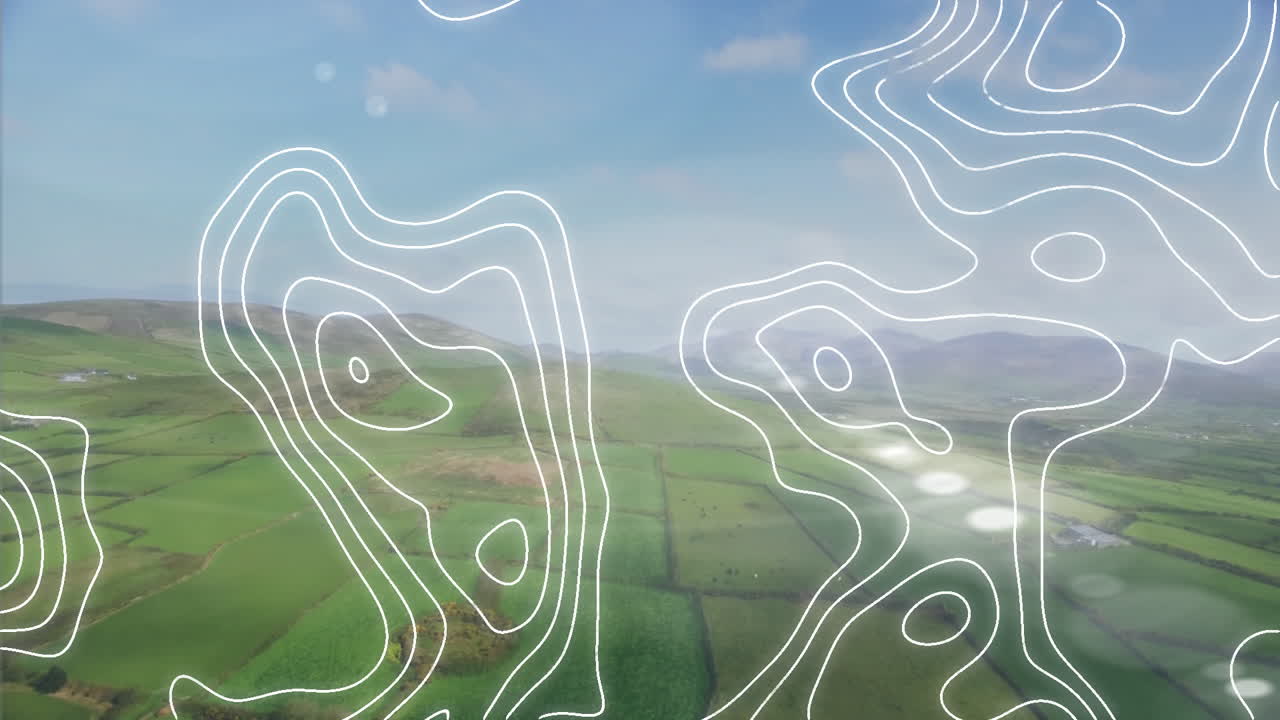 Contour lines animation over aerial view of green fields and hills